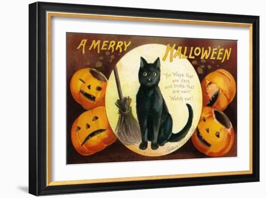 Halloween Greetings with Black Cat and Carved Pumpkins, 1909-Ellen Hattie Clapsaddle-Framed Giclee Print