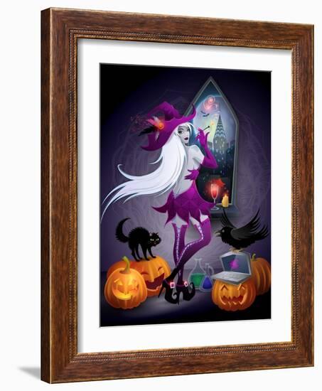 Halloween Illustration : a Beautiful Witch Looking at a New York City-feoris-Framed Art Print