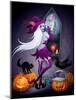 Halloween Illustration : a Beautiful Witch Looking at a New York City-feoris-Mounted Art Print