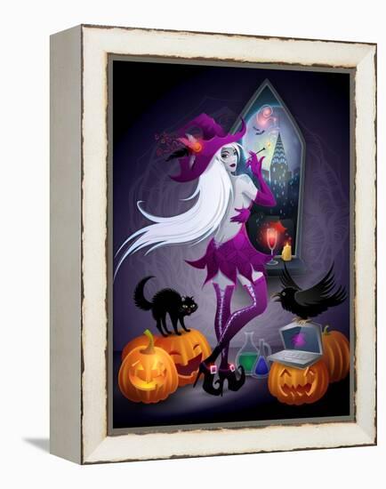 Halloween Illustration : a Beautiful Witch Looking at a New York City-feoris-Framed Stretched Canvas