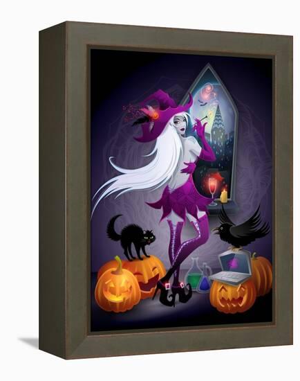 Halloween Illustration : a Beautiful Witch Looking at a New York City-feoris-Framed Stretched Canvas