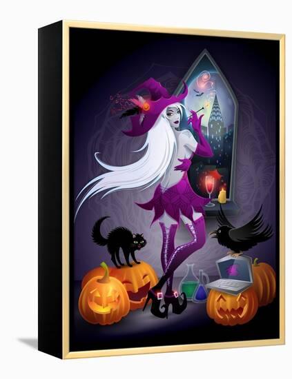 Halloween Illustration : a Beautiful Witch Looking at a New York City-feoris-Framed Stretched Canvas