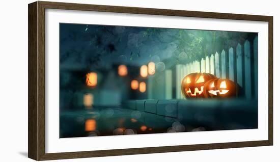 Halloween Jack O Lantern Pumpkins at Night-solarseven-Framed Photographic Print
