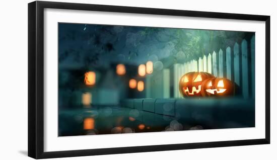 Halloween Jack O Lantern Pumpkins at Night-solarseven-Framed Photographic Print