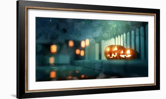 Halloween Jack O Lantern Pumpkins at Night-solarseven-Framed Photographic Print
