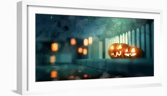 Halloween Jack O Lantern Pumpkins at Night-solarseven-Framed Photographic Print