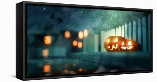 Halloween Jack O Lantern Pumpkins at Night-solarseven-Framed Premier Image Canvas