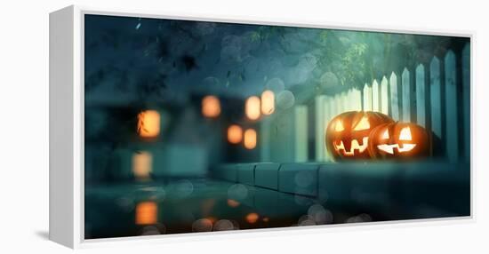 Halloween Jack O Lantern Pumpkins at Night-solarseven-Framed Premier Image Canvas