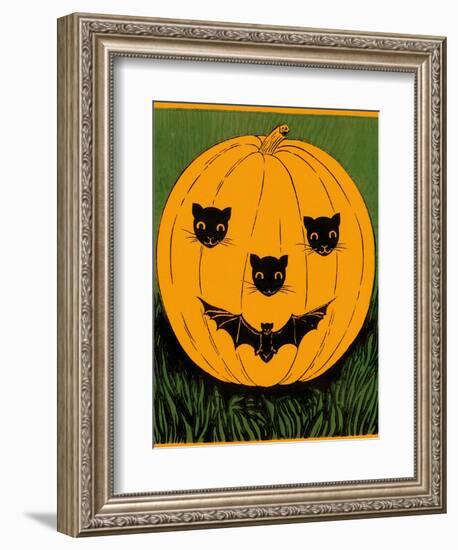 Halloween, Jack O'Lantern with Cat and Bat Cut-Outs-null-Framed Art Print