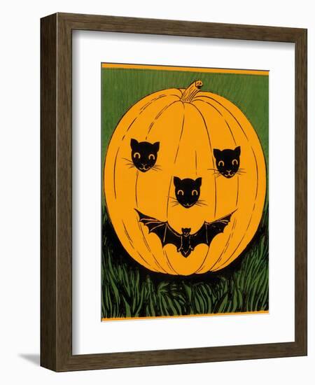 Halloween, Jack O'Lantern with Cat and Bat Cut-Outs-null-Framed Art Print