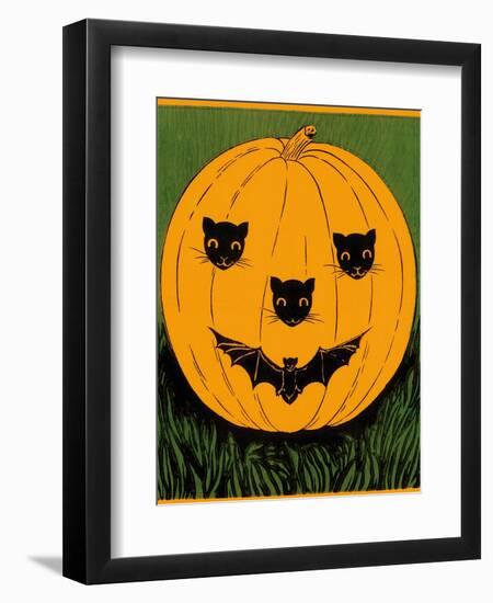 Halloween, Jack O'Lantern with Cat and Bat Cut-Outs-null-Framed Art Print