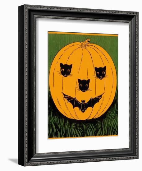 Halloween, Jack O'Lantern with Cat and Bat Cut-Outs-null-Framed Art Print