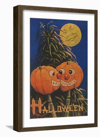 Halloween, Jack O'Lanterns with Corn Stalks-null-Framed Art Print