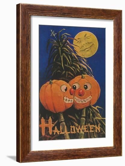 Halloween, Jack O'Lanterns with Corn Stalks-null-Framed Art Print