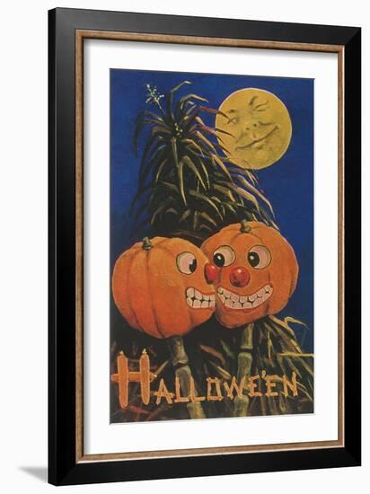 Halloween, Jack O'Lanterns with Corn Stalks-null-Framed Art Print