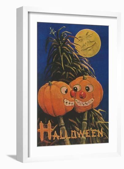 Halloween, Jack O'Lanterns with Corn Stalks-null-Framed Art Print