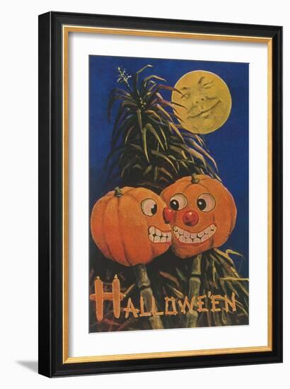 Halloween, Jack O'Lanterns with Corn Stalks-null-Framed Art Print