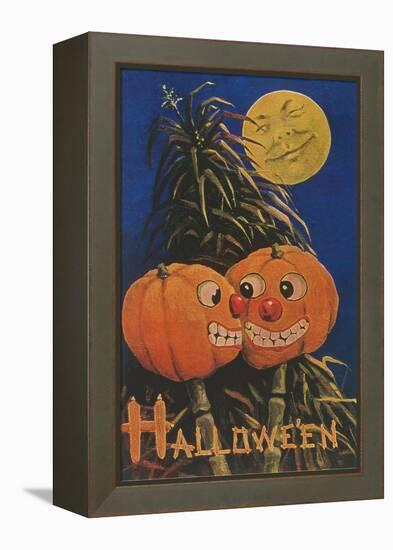 Halloween, Jack O'Lanterns with Corn Stalks-null-Framed Stretched Canvas