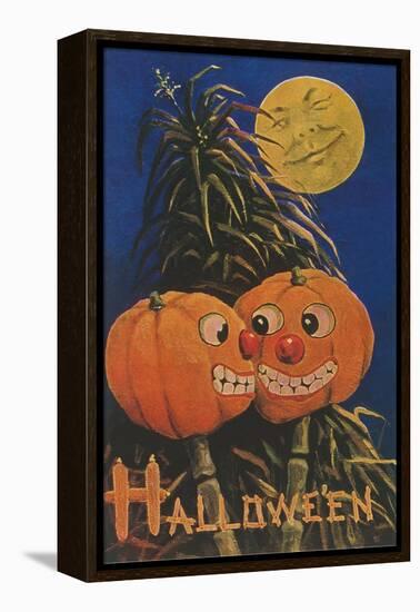 Halloween, Jack O'Lanterns with Corn Stalks-null-Framed Stretched Canvas