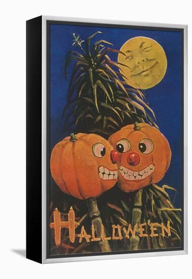 Halloween, Jack O'Lanterns with Corn Stalks-null-Framed Stretched Canvas