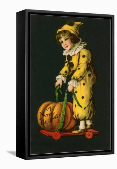 Halloween, Little Clown and Pumpkin-null-Framed Stretched Canvas