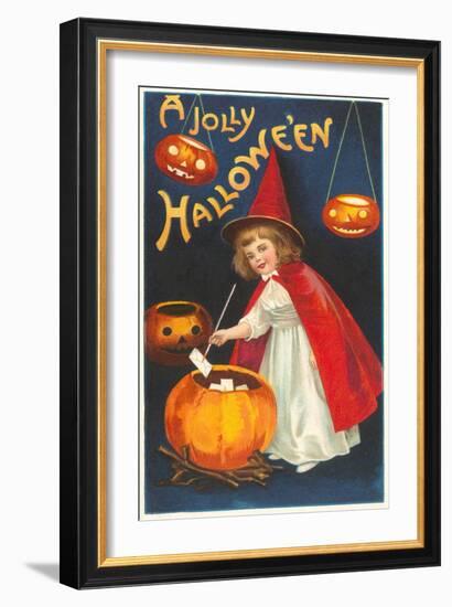 Halloween, Little Witch with Pumpkin Cauldron-null-Framed Art Print