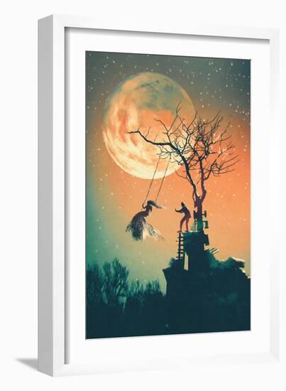 Halloween Night Background with Man Pushing Woman on Swing,Illustration Painting-Tithi Luadthong-Framed Art Print