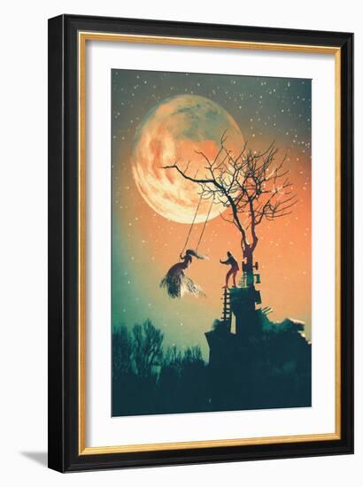 Halloween Night Background with Man Pushing Woman on Swing,Illustration Painting-Tithi Luadthong-Framed Art Print