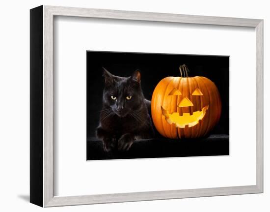 Halloween Pumpkin and Black Cat Scary Spooky and Creepy Horror Holiday Superstition Evil Animal And-kikkerdirk-Framed Photographic Print