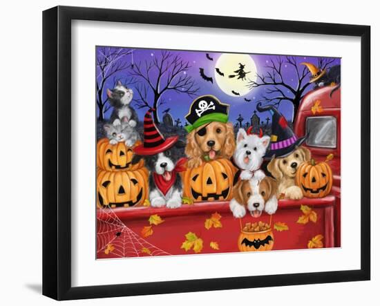 Halloween Red Truck Puppies-MAKIKO-Framed Giclee Print