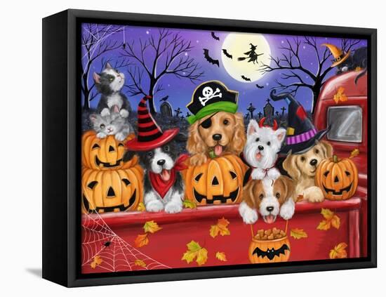 Halloween Red Truck Puppies-MAKIKO-Framed Premier Image Canvas