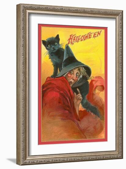 Halloween, Startled Witch and Cat-null-Framed Art Print