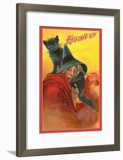 Halloween, Startled Witch and Cat-null-Framed Art Print