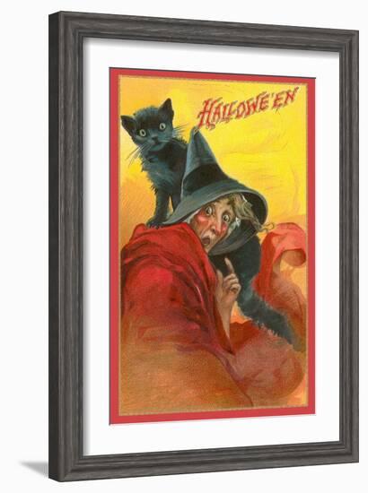 Halloween, Startled Witch and Cat-null-Framed Art Print