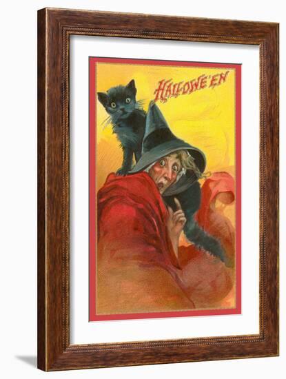 Halloween, Startled Witch and Cat-null-Framed Art Print