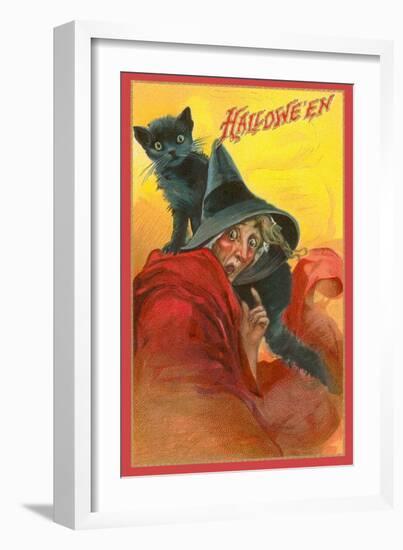 Halloween, Startled Witch and Cat-null-Framed Art Print