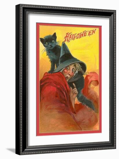 Halloween, Startled Witch and Cat-null-Framed Art Print