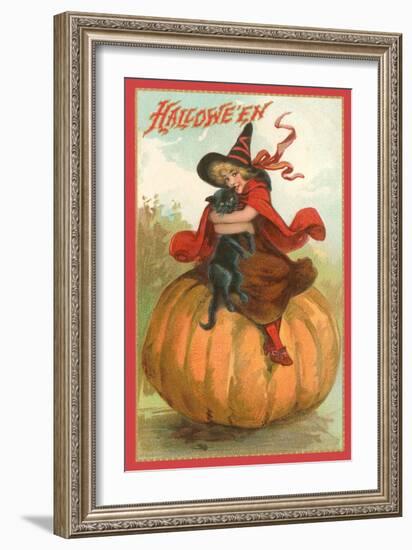 Halloween, Victorian Witch on Pumpkin-null-Framed Art Print