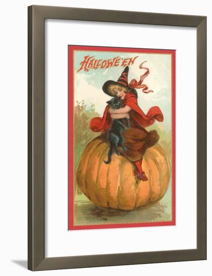 Halloween, Victorian Witch on Pumpkin-null-Framed Art Print