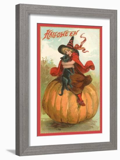 Halloween, Victorian Witch on Pumpkin-null-Framed Art Print