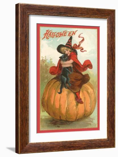 Halloween, Victorian Witch on Pumpkin-null-Framed Art Print