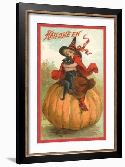 Halloween, Victorian Witch on Pumpkin-null-Framed Art Print