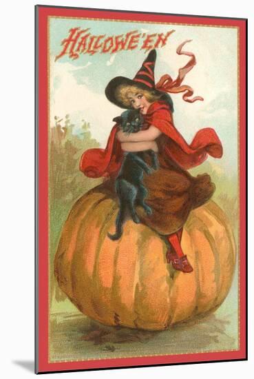 Halloween, Victorian Witch on Pumpkin-null-Mounted Art Print