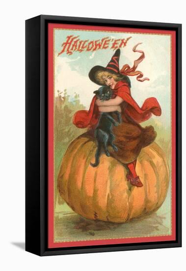 Halloween, Victorian Witch on Pumpkin-null-Framed Stretched Canvas