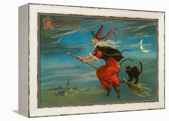 Halloween, Witch and Cat on Broom-null-Framed Stretched Canvas