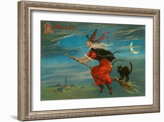 Halloween, Witch and Cat on Broom-null-Framed Art Print