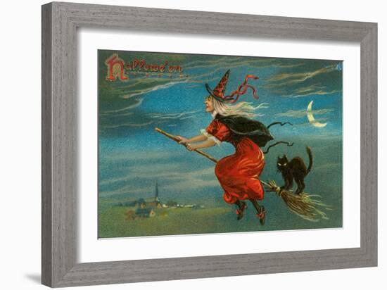 Halloween, Witch and Cat on Broom-null-Framed Art Print