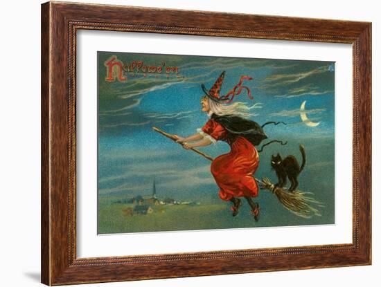 Halloween, Witch and Cat on Broom-null-Framed Art Print