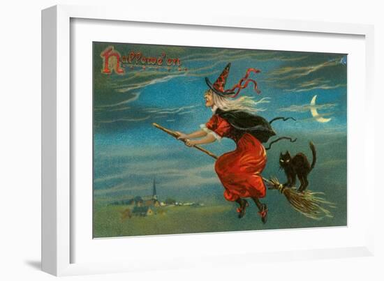 Halloween, Witch and Cat on Broom-null-Framed Art Print