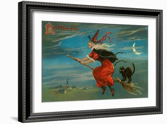 Halloween, Witch and Cat on Broom-null-Framed Art Print